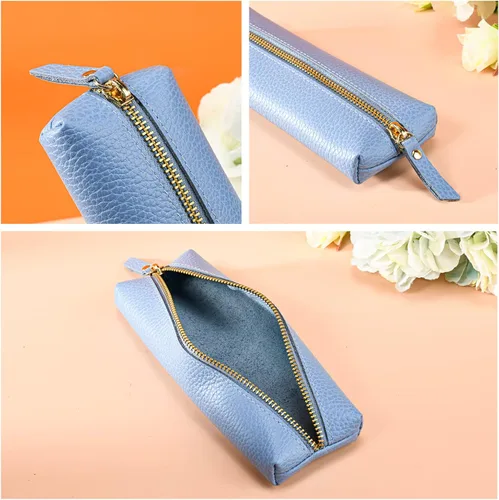 Miniatura 5 de Estuche de cuero auténtico para bolígrafos, estuche de cuero de vaca con cremallera, suave bolsa de cuero negra para adultos.