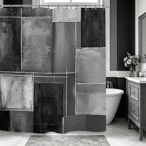 Abstract Black Gray Brushstroke Bathroom Shower Curtain 60W by 71H Inch Geometric Modern Contemporary Neutral Minimalist Simple Polyester Fabric 12
