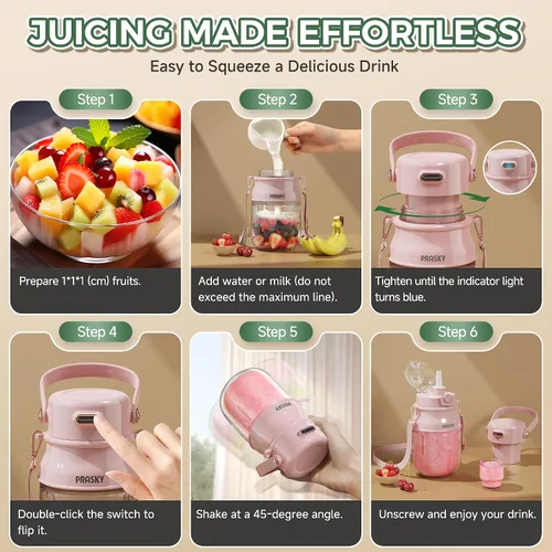 Miniatura 8 de Licuadora Portátil, Licuadoras Personales Prasky para Batidos y Smoothies con Taza de 27 onzas, Tapa y Correa para el Hombro, Recargable por USB
