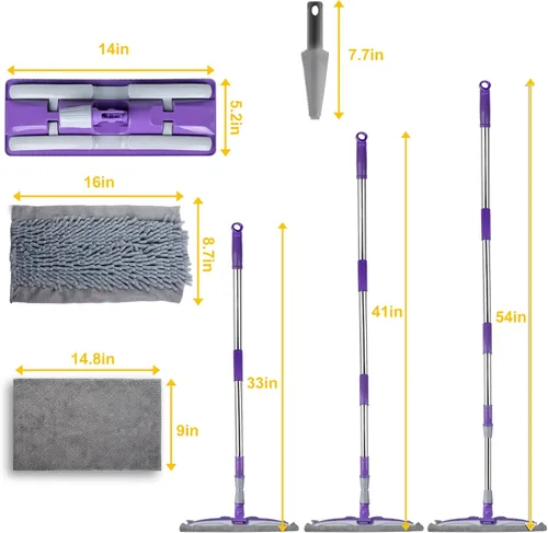 Miniatura 2 de Trapeadores de microfibra para limpieza de suelos, trapeador plano en seco y húmedo con mango telescópico de acero inoxidable, 4 almohadillas Morado