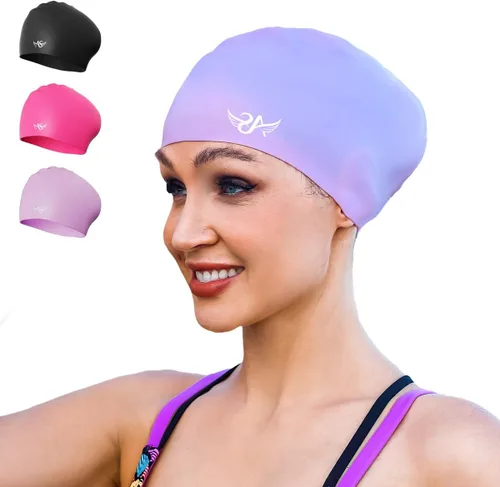 Miniatura 9 de Angel season Gorros de natación para mujer, de silicona, rizado, mediano y largo, diseño ergonómico para adultos, mantiene el cabello seco