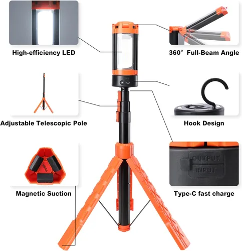 Miniatura 4 de Luces de campamento, linterna LED recargable portátil con 5 modos de iluminación, luz telescópica con luz de trabajo trípode, linterna desmontable