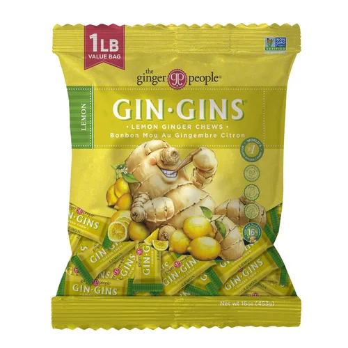 GIN GINS - Caramelos masticables de jengibre y limón – Caramelo de jengibre fresco natural de The Ginger People – Caramelo saludable envuelto