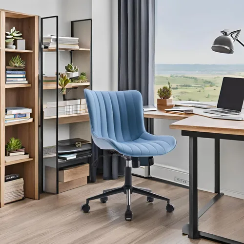 Miniatura 9 de YOUNIKE Silla de escritorio azul para oficina en casa con ruedas, silla cómoda sin brazos con respaldo, silla moderna pequeña de cuero tapizado