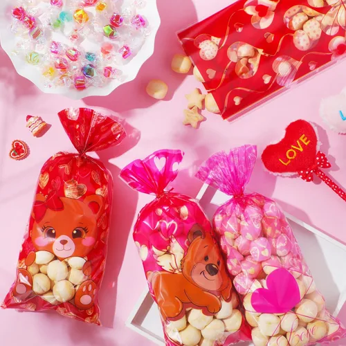 Miniatura 4 de Pasimy 100 bolsas de regalo de San Valentín, bolsas de regalo de celofán para el día de San Valentín, bolsas de regalo de celofán rosa y rojo