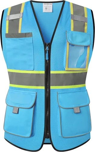 Miniatura 2 de Chaleco de seguridad para mujeres, chaleco de trabajo reflectante de alta visibilidad con 9 bolsillos múltiples y cremallera Azul