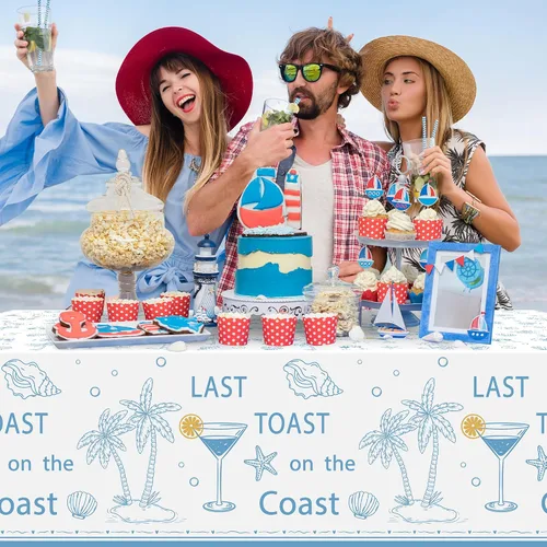 Miniatura 5 de K1tpde Mantel de plástico desechable para despedida de soltera de 3 piezas con temática costera, diseño de copa de vino azul, diseño de estrella