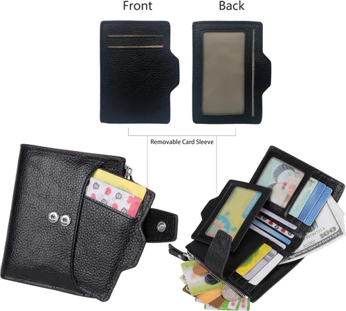 Miniatura 3 de Cartera de cuero con bloqueo RFID para mujer, pequeña, compacta, doble cremallera, con ventana para identificación