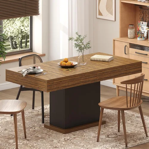Miniatura 7 de Mesa de comedor con cajones para 4-6 personas, mesa de comedor de 55 pulgadas con luces LED, base de pedestal de madera, mesa de cocina rectangular