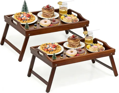 Miniatura 10 de Paquete de 2 bandejas de cama para mesa de desayuno, bandejas de servicio de altura ajustable para comer, bandeja de bambú para laptop con patas