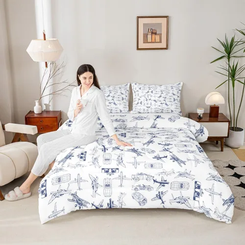 Miniatura 5 de Feelyou Juego de ropa de cama con estampado de avión para niños, juego de funda de edredón para niños y niñas, juego de funda de edredón de Multi