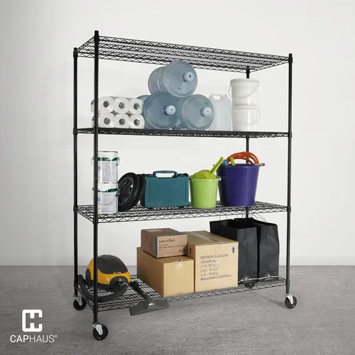 Miniatura 8 de CAPHAUS Estantería de Alambre de Servicio Pesado de Grado Comercial de 4 Niveles con Altura Ajustable, con Ruedas y Pies Niveladores, Estante de Sin