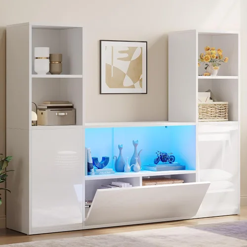 YITAHOME Librería Castle con almacenamiento y luces LED ajustables, estantería blanca en forma de U con gabinete, unidad de visualización UV de alto