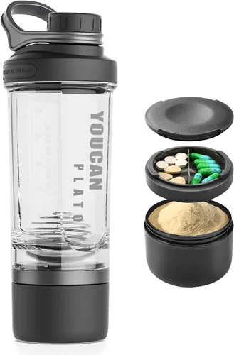 Botella mezcladora de proteínas de 21 onzas con almacenamiento para polvo, tazas agitadoras para proteínas, botellas de licuadora, mezclador de Negro