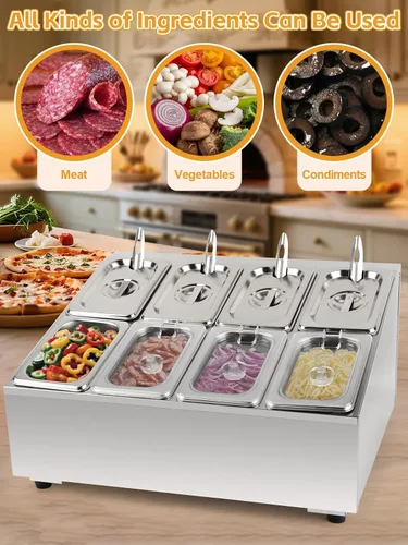 Miniatura 6 de Kalolary Estación de Almacenamiento para 8 Bandejas de Pizza con Tapas, Contenedores de Acero Inoxidable para Condimentos con Cucharas, Juego