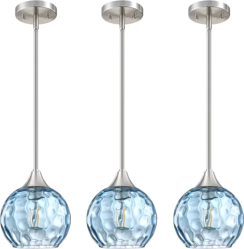 Miniatura 6 de Lámpara colgante de barra de vidrio azul con textura de 6.3 pulgadas, paquete de 3 lámparas colgantes de techo con acabado negro, moderna casa