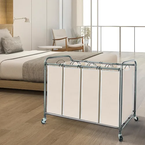 Miniatura 6 de STORAGE MANIAC Clasificador de ropa sucia de 4 secciones, 47.8 galones (181 L) con ruedas, clasificador de cestas divisoras de ropa, carrito Beige