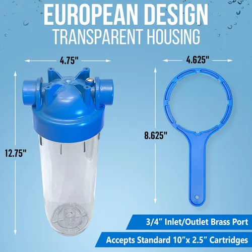 Miniatura 2 de Sistema de filtro de agua estándar transparente de 10 pulgadas para toda la casa con válvula de alivio de prensatelas, puerto de latón