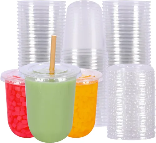 Vasos desechables de plástico transparente de 17 onzas con tapas planas, perfectas para bebidas frías, café, batidos, postres, paquete de 50 unidades