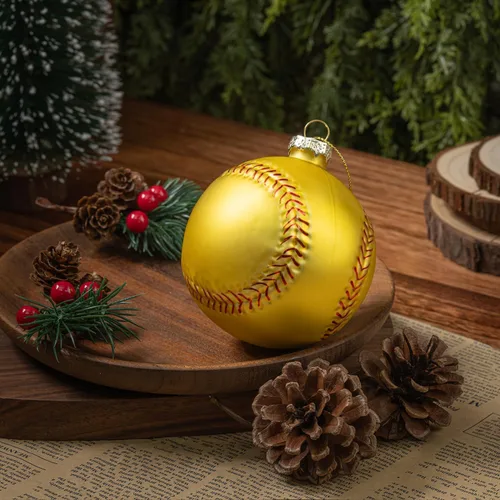 Miniatura 2 de Adorno soplado de vidrio de sóftbol de Navidad de 3.15 pulgadas, mini bola deportiva pintada a mano 2025 para niños y niñas, árbol de Navidad