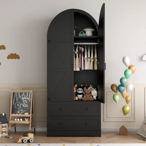 Miniatura 6 de Gyfimoie Armario Ropero Negro de 74.8" con 2 Cajones y 2 Puertas, Armario Alto de Dormitorio Independiente con Estantes, Gabinete de Almacenamiento