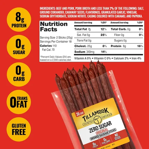 Miniatura 2 de Tillamook Country Smoker - Salchichas ahumadas, sin azúcar, sabor original, 16 onzas (paquete de 36 palitos de carne a granel), salchichas ahumadas
