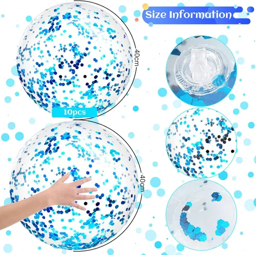 Miniatura 3 de Civaner 10 bolas inflables de playa con purpurina de 16 pulgadas, bola grande de confeti brillante para piscina, globo inflable transparente, Azul