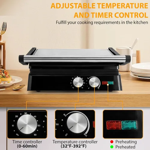 Miniatura 2 de SUSTEAS Panini Press Sandwichera y parrilla eléctrica para interiores con ajuste de temperatura y tiempo, rejillas antiadherentes fáciles