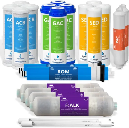 Express Water Juego de filtros de sistema de ósmosis inversa de 2 años - 22 filtros con membrana RO de 50 GPD, carbono GAC ACB PAC, sedimentos SED,