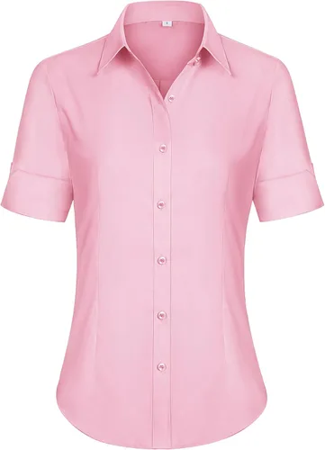 Miniatura 22 de siliteelon Camisas de vestir de manga corta con botones para mujer, camisas de algodón con botones para mujer, blusa ajustada de manga 3/4