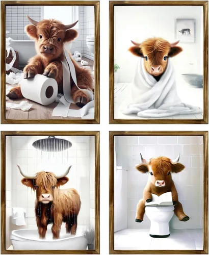 Miniatura 10 de Arte de pared enmarcado para baño, arte de pared divertido para decoración de baño, impresiones artísticas de animales de foca sosteniendo pañuelo