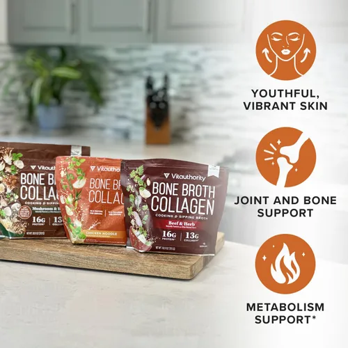 Miniatura 3 de Vitauthority Caldo de Huesos de Colágeno Sabor Delicioso a Pollo con Fideos - Lleno de 16g de Proteína y Tipos I, II, III - Nutre la Piel