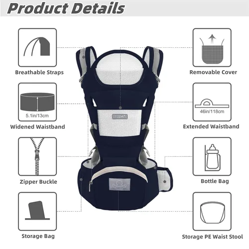 Miniatura 2 de Portabebés ergonómico para bebés con asiento de cadera, bolsa de canguro, portabebés suave para recién nacidos a niños pequeños de 7 a 45 libras