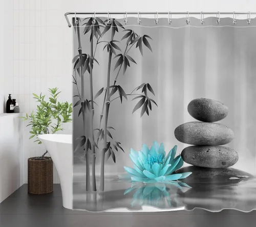 Miniatura 19 de LB Cortina de ducha de spa Zen azul y gris, piedra de bambú gris con flor de lirio de agua azul, cortina de ducha moderna para spa, decoración