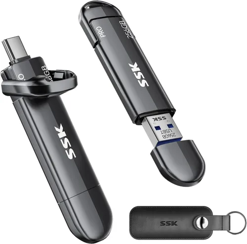 SSK Unidad Flash USB 256GB SSD Externa, TLC NAND Unidad de Estado Sólido de Doble Puerto USBC y USBA, Hasta 1000MB/s Unidad USB de Pulgar Portátil