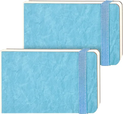 Funto Diario de Papel de Acuarela Paquete de 2, 3.5x5.5, 44 Páginas Cada Uno, 100% Algodón Prensado en Frío, Tapa Dura de Cuero PU Azul, Suministros