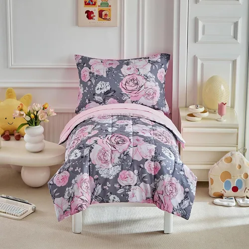 Miniatura 2 de Juego de ropa de cama gris de 4 piezas para niños y niñas, flores rosas ultra suaves con hojas blancas en una bolsa, juego de edredón, sábana