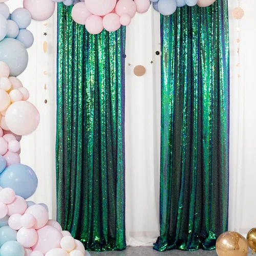 ShinyBeauty Cortinas de lentejuelas 2 paneles 2 pies x 8 pies verde iridescente, telón de fondo para fotomatón, fondo para graduaciones, baby