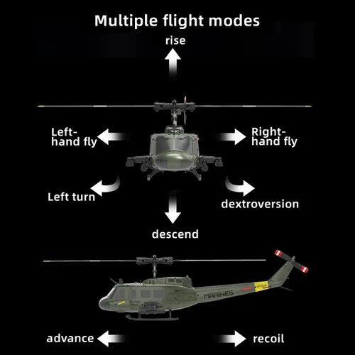 Miniatura 4 de C032 UH-1 Huey Helicóptero RC para adultos, escala 1/48 2.4G 6CH Flybarless Stunt RC Plane giroscopio de 6 ejes posicionamiento de flujo óptico
