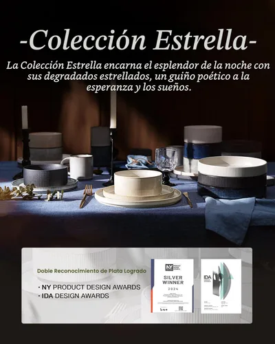 Miniatura 8 de famiware Juego de vajilla con estrellas, juego de platos y cuencos para 4, 12 piezas de vajilla acanalada - Resistente a las astillas y a