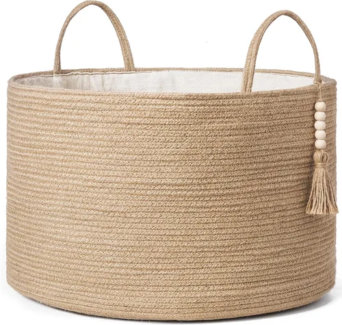 Miniatura 16 de Mkono Cesta Alta de Mimbre para Ropa Sucia Cesta de Almacenamiento Tejida Cesta Decorativa de Cuerda Natural Decoración de Cuentas de Madera