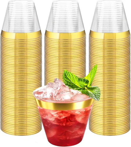Miniatura 8 de Byvivace Vasos de plástico transparente de 12 onzas con borde dorado, resistentes y aptos para alimentos, desechables, copas de vino, copas de boda