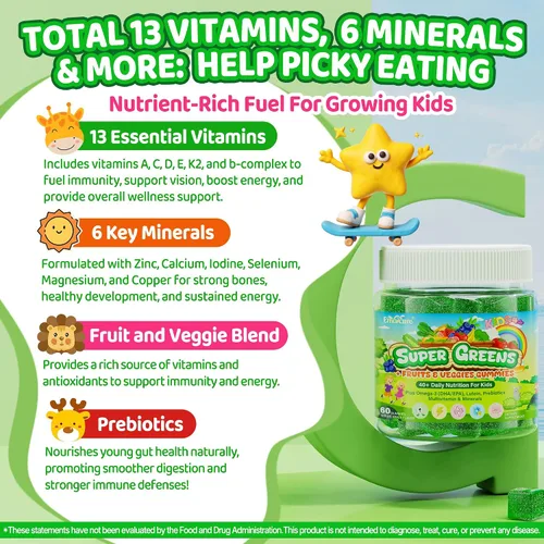 Miniatura 7 de Gomitas Super Greens para niños, con multivitaminas, más de 20 frutas vegetales, prebióticos, calcio, omega-3 (DHA/EPA), gomitas de superalimentos