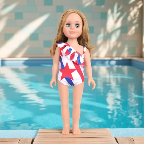 Miniatura 6 de MSYO Conjunto de traje de baño de playa de muñeca de 18 pulgadas, traje de baño patriótico de estrellas y rayas con lentes de sol, gafas