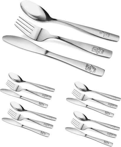 Cubiertos de acero inoxidable para niños, cubiertos seguros para niños y niños pequeños, cubiertos para niños, juego de utensilios para niños