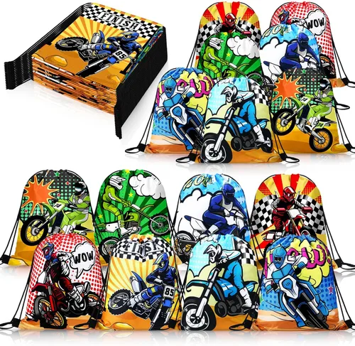Boao Paquete de 16 bolsas de regalos de motocross con cordón para fiestas temáticas de carreras, bolsas de regalos para fiestas de cumpleaños,