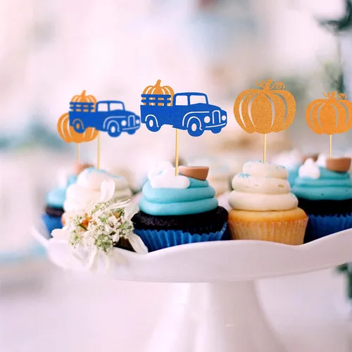 Miniatura 5 de Ercadio Paquete de 24 adornos de calabaza para cupcakes con purpurina de cosecha de otoño, calabaza, cupcakes, decoraciones para calabaza, tema