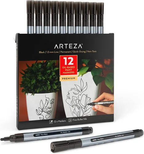Arteza Marcadores de pintura a base de aceite, paquete de 12, negro, línea de 0.051 in, barril pequeño, pintura de calabaza de Halloween,