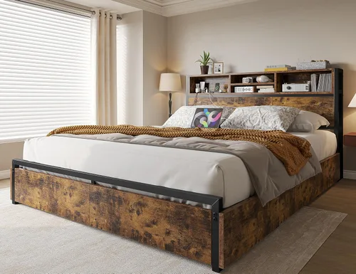 Miniatura 8 de EnHomee Base de cama Queen con 6 cajones de almacenamiento, marco de cama Queen con cabecero, marco de cama tamaño Queen con estación de carga