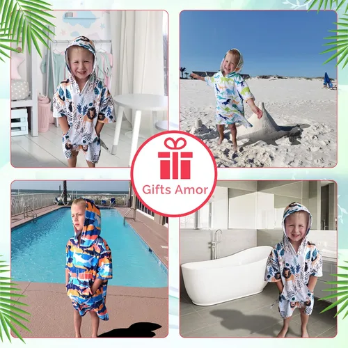 Miniatura 4 de Toalla con capucha, poncho de playa para baño, piscina, para niños, secado rápido/resistente a la arena, pequeña (3-10 años), dinosaurios